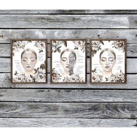 Gnosis Picture Archive Facial Anatomy With Peony Flowers Set of 3 Unframed Art Prints Med spa Esthetician Gift Wall Decor, Beige, white