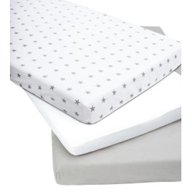 Medi Partners Fitted Sheet 60 x 120 cm, 3-Pack Baby Bed Sheet, 100% Cotton, Fitted Children's Sheet Bed Linen, Baby Mattress, Sleeping Bag, Baby Bed (Grey Stars, White/Grey)