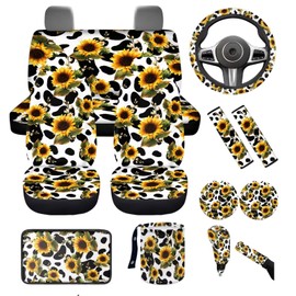 Dngkaoje Sunflower Cow Print Car Seat Cover Full Set for Front and Back,13 Pcs Sunflower Automotive Accessories Set Cute Cow Print Armrest Cover Protector, Seat Belt Pads,Handbrake Shift Covers