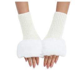 Verdusa Women's Plush Fuzzy Fingerless Winter Gloves Faux Fur Knit Arm Warmers White One-Size