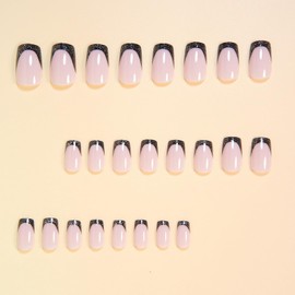 Black French Tip Press on Nails Short Square Fake Nails with Designs Full Cover Stick on Nails Silver Glitter False Nail Reusable Sparkly Artificial Acrylic Nail for Women Girls 24 Pcs
