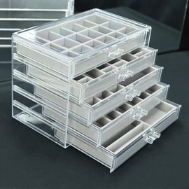 5 Tier Transparent Acrylic Jewelry Drawer Organizer Box with Detachable Dividers for Necklaces, Earrings, Rings, Bracelets and More-Keep Your Treasures Safe and Organized - Perfect for Home and Travel