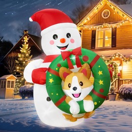Fayavoo 6FT Christmas Inflatable Outdoor Decorations, Christmas Blow Ups Snowman Decor with Corgi on The Wreath, Christmas Yard Decorations Outdoor with LED for Outside Indoor Holiday Party Lawn
