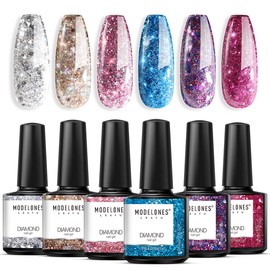 Modelones Glitter Gel Nail Polish - Sparkle Red Pink Purple Blue Gold Silver Colors Gel Fingernail Polish Set Holiday Collection of Manicure Kit in Gift Package 6PCS 0.33 OZ