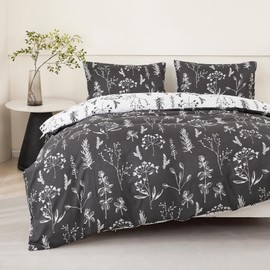 Jemiipee Bed Linen 135 x 200 cm White Anthracite Bed Linen Set with Floral Pattern Duvet Cover 135 x 200 cm Pillowcase 80 x 80 cm Duvet Cover Reversible Bed Linen Soft with Zip