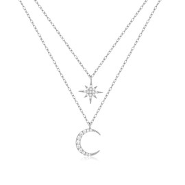 HinDaLi 925 Sterling Silver Moon Star Necklace for Women Girls Silver Pendant Necklace Sun Moon Pendant Layered Necklace Women Necklace Silver Cubic Zirconia Double Necklaces Chain Choker Necklace