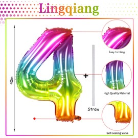 40 Inch Rainbow Gradient Number Balloons 0-9, Self Inflating Foil Number 4 Balloons for 4th Girls, Women's Birthday Party Anniversary Graduation Supplies Decorations