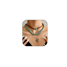 Western Turquoise Necklaces for Women Layered Cowgirl Western Necklaces Vintage Rodeo Country Concert Cow Tag Cactus Pendant Necklace Turquoise Jewelry Outfits Accessories Style3