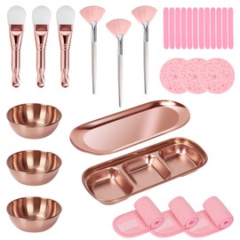 29Pcs Esthetician Facial Supplies Tools Set - DIY Skincare Kit, 3 Facial Bowls, 1 Compartment Tray, 1 Skincare Tray, 3 Fan Mask Brushes, 3 Silicone Mask Brusher Applicator, 3 Headbands & 15 Sponges