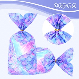 30 Pcs Mermaid Party Favors Bags Mermaid Party Decorations Cookie Goodie Candy Gift Bags Little Mermaid Cellophane Treat Bags with 30 Pcs Gold Twist Ties for Mermaid Birthday Girls Party Supplies