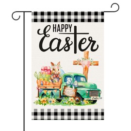 Happy Easter Garden Flag, 12x18 Inches Black and White Plaid Easter Bunny Flag Rabbit Carrot Flowers Green Truck Easter Garden Flag for Outside Yard House Front Door