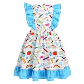 IMEKIS Back to School Outfits for Girls: Back to School Dress Toddler First Day of Kindergarten Dresses Ruffle Sleeve Kids Picture Day Outfits for School Clothes First Grade Blue Pencil 6-7 Years