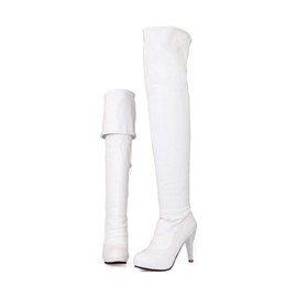 Guoyupika Women's Long Boots, Knee High Boots, 2-Way High Heels, Pin Heels, Round Toe, PU Sexy Boots, Long Length, Side Zipper, Easy to Wear, Easy to Walk, Stylish, Beautiful Legs, Black, White, white