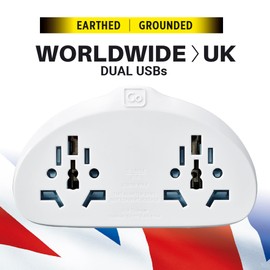 Go Travel World to UK Adapter Duo + USB, Travel Adapter for Small Electrical Devices, Earthed Plug Adapter with Twin USB Ports, Travel Essentials for Travelers to The UK