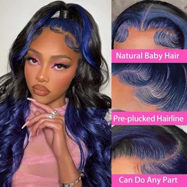 Ombre Blue Lace Front Wigs Human Hair Body Wave 13x4 Skunk Stripe Royal Blue Lace Front Wigs 24 Inch 1B/blue Ombre Lace Front Wigs Human Hair Blue Highlight HD Lace Frontal Wigs 150% Density