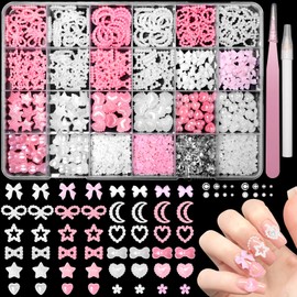 3D Flatback Pearls Nail Charms, Pink White Mix Styles Star Heart Bow Moon Charms for Crafts, Resin Small Flower Charms for Nail Art Supplies with Tweezer and Pickup Pencil