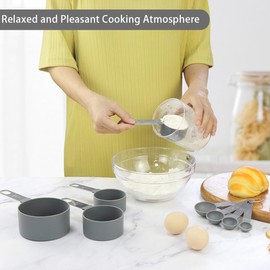 JUNEYEHX 8-Piece Grey Measuring Tools - Nylon, 4 Measuring Cups / 4 Measuring Spoons with Metal Handles for Liquids and Solids (Grey)