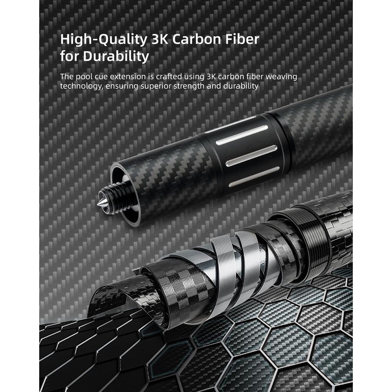 KONLLEN Threaded Carbon Fiber Pool Cue Extension with 3 Bumpers