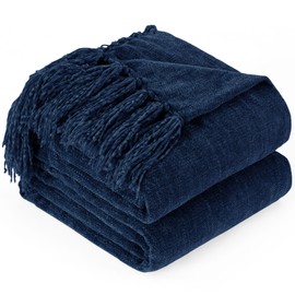 GINAMUSE Chenille Throw Blanket for Couch with Tassels,50"X60" Soft Cozy Lightweight Knitted Boho Decorative Blankets for Bed and Sofa,Navy Blue