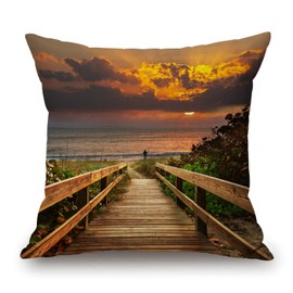 Throw Pillow Cover Wooden Pier to The Calm Idyllic Beach with Herbs and Bushes at Sunset Calm Sea Pillow Case Decorative 18 x 18 Inches Outdoor Cushion Couch Sofa Pillowcases