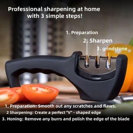 HoneyHu 3-Stage Professional Knife Sharpener with Directional Pull Technology - Diamond & Tungsten Wheels for Straight/Serrated Blades, Ergonomic Grip, Safe One-Way Sharpening System
