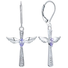 YL Cross Earrings 925 Sterling Silver Angel Wings Leverback Earrings Teardrop Created Alexandrite Criss Dangle Drop Jewelry