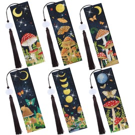 Sitsink Mushroom Diamond Art Kits - 6 Pcs Crescent Moon Mushroom Diamond Art Bookmarks with Tassels, Acrylic Bookmark Diamond Painting Kits for Adult, Boho Diamond Book Markers