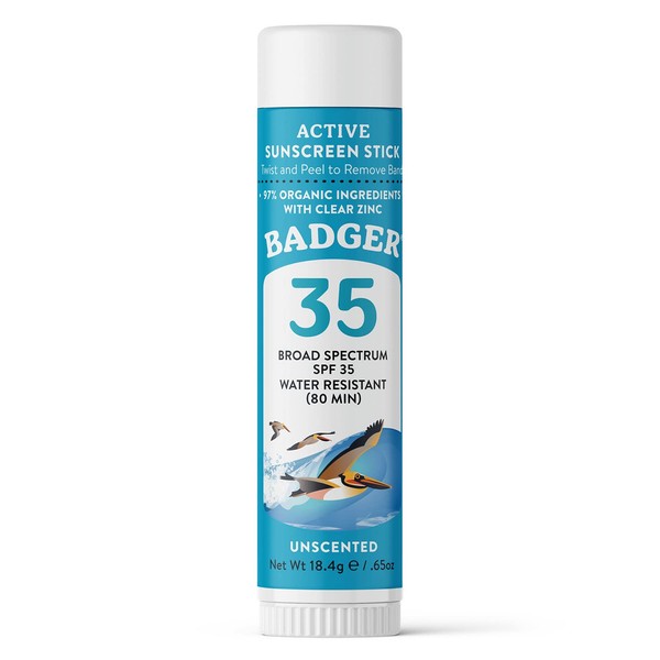 Badger Face Sunscreen Stick SPF 35 with Mineral Zinc Oxide, Travel Size Sunscreen, 97% Organic Ingredients, Reef Friendly SPF Stick Sunscreen for Face, Unscented, 0.65 oz
