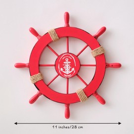 CSWLJS Coastal Nautical Beach Decor Ship Steering Wheel Nautical Decor Fish Wall Decor Wooden Decor Art Accents for Home Outdoor Ocean Decor Theme Bathroom Decor Funky Pool Decor 11in Red