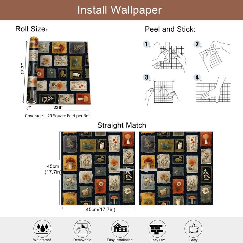 Vintage Stamp Peel and Stick Wallpaper, Botanical Postage Stamp Wallpaper
