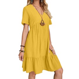 Women's Summer Dresses Casual Midi Swing Short Sleeve V Neck Tiered A Line Flowy Beach Dress Sundress 2024 Yellow