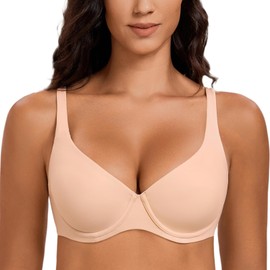 MELENECA Women's V-Neck Minimizer Underwire Plus Size Unlined Plunge T-Shirt Bras Beige 34F