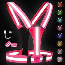 Adiwo LED High Visibility Vest, Reflective Safety Vest Set, LEDs Day and Night Motorcycle Cycling, for Bicycle, Car, Running Vest, Jogging, High-Vis Reflective for Women, Men, Children, Pink