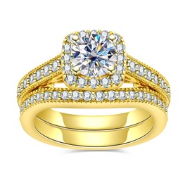 Idocare 1.8cttw All Moissanite Wedding Rings Set D Color Round Cut 14K Yellow Gold Plated 925 Sterling Silver Engagement Bridal Rings for Women size 7