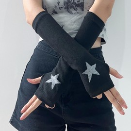 Y2K Women Teens Knitted Arm Warmers Japanese Harajuke Cosplay Gothic Lolita Fingerless Mittens Thumb Hole Gloves (Star)