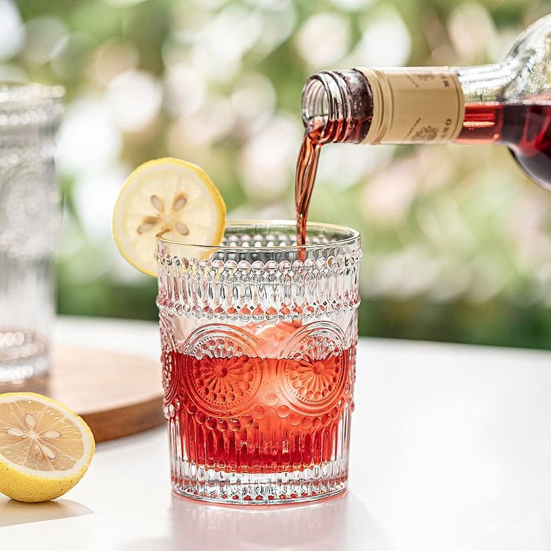MDLUU 6-Pack Embossed Drinking Glasses, Romantic Glassware, Vintage Glass Tumblers