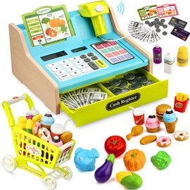Wooden Cash Register for Kids with Shopping Cart Rechargeable Kid Cash Register with Scanner Gift for Kid Age 3 4 5 6 7 8 9 Year Old Pretend Play for Toddlers Toys for 3-12 Year Old Kids