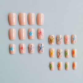 Square Press on Nails Summer Fake Nails Short Nude Acrylic Nails Colorful Gloss Rhinestone False Nails with Cute Starfish Designs Floral Stick on Nails Reusable Glue on Nails for Women 24 Pcs