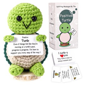 TOYMIS Funny Positive Turtle Set, Crochet Emotional Turtle Doll with 30 Motivational Cards & Wooden Base Support Potato Cute Knitted Animal Positive Gift for Friends Family Encouragement Decoration