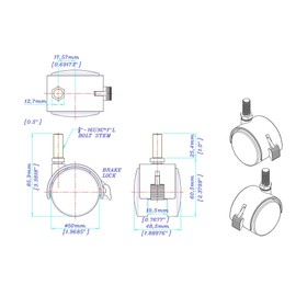 2" Wheel Diameter | Black Nylon Swivel Hooded Samson Twin Wheel Caster with Brake | 3/8-16 x 1" Threaded Stem | Installed mounting height: 2-5/16''| 4 Pack