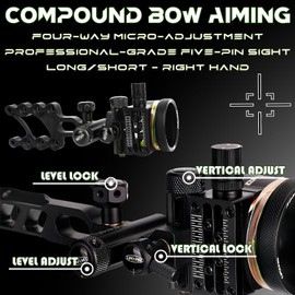 Compound Bow Sights - Professional Long/Short Bow Sights for Compound Bows, 5 Pin Archery Sights with Light, Four-Way Adjustment Right Hand Archery Sight (Long)