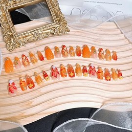 30Pcs Fall Press on Nails Medium Almond White French Tip Fake Nails with Gold Beads Star Rose Rhinestones Autumn Maple Leaves Acrylic Nail 3D Flower False Nail Thanksgiving Glue on Nails for Women