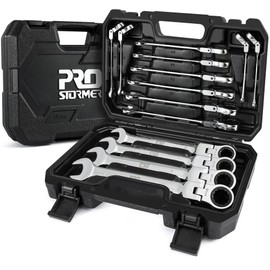 Prostormer 14-Piece Metric Flex-Head Ratcheting Wrench Set, 6-19mm Combination Wrench Kit with Storage Case, 72 Tooth, Cr-V Steel Constructed