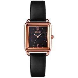 SKMEI Watches for Women Ladies Female Square Small Slim Light Leather Band Waterproof Fashion Casual Simple Quartz Analog Young Girls Gifts Black Wrist Watch