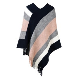 Ferand Women's Striped Poncho Pullover Versatile Scarf Wrap with Fringe for Autumn and Winter, Navy & Pink