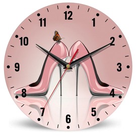 SPUNKER Clock for Bedroom,Pink High Heel Shoes Wall Clocks,Butterfly Battery Operated Wall Clock Silent Non-Ticking Decorative for Home Kitchen Bathroom Living Room Bedroom Office 10 Inch