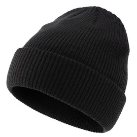 Connectyle Unisex Men's Ribbed Knit Hat Fall/Winter Knit Cap Fold-over Solid Watch Cap, Black, L