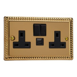 Varilight 2-Gang 13A Single Pole Switched Socket with 1x USB A & 1x USB C Charging Ports Classic Georgian Brass with Black Insert