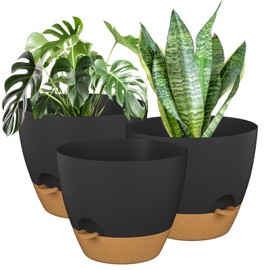 ZMTECH 3Pcs 12Inch Plant Pot Planter for Indoor Plants Self Watering Flower Large Pot with Drainage Holes and Saucer for Outdoor Plants(Grey with Brown)