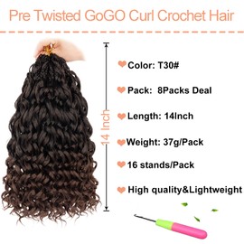 Mscat 14 Inch 8 Packs Gogo Curl Crochet Hair Ombre Brown Pre Looped Ocean Wave Crochet Hair Short Deep Twist Curly Bohemian Crochet Box Braids Synthetic Water Wave Braiding Hair for Women